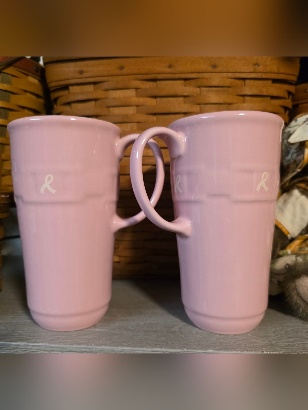 Longaberger Pottery Woven Traditions Pink Ribbon tall mugs